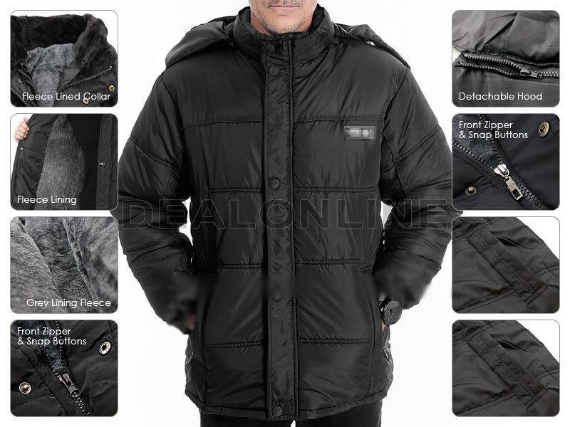 UP To 7XL Winter Thick Thermal Jacket with Removable Hood Black