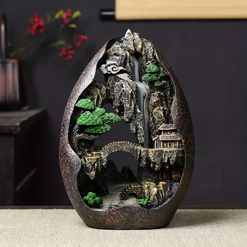 Waterfall Backflow Mountain Rockery Teahouse Fengshui Incense Burner, Ceramic Censer, Home Office Incense Passage Incense Insert Decor