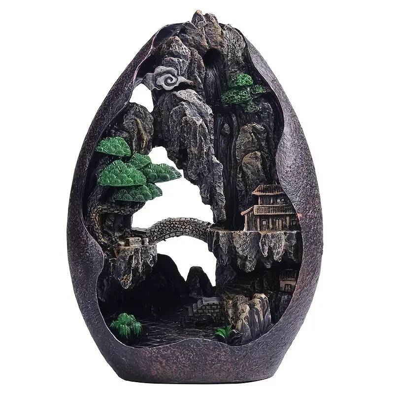 Waterfall Backflow Mountain Rockery Teahouse Fengshui Incense Burner, Ceramic Censer, Home Office Incense Passage Incense Insert Decor