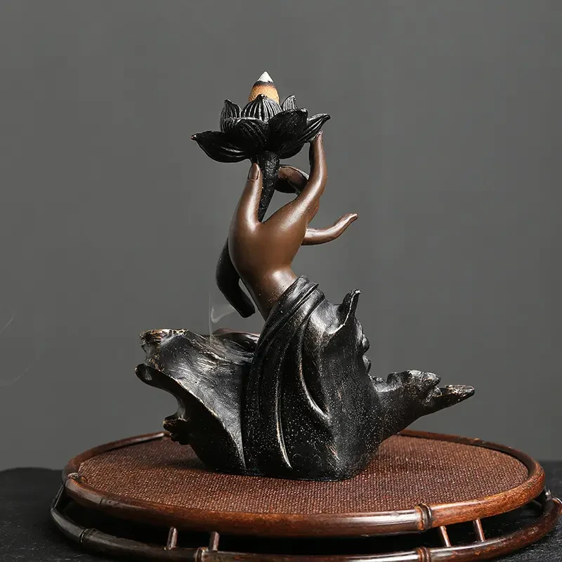 Backflow Incense Burner, Handmade Resin Lotus Buddha Hand Waterfall Incense Burner Holder For Home Relaxation Lucky Feng Shui Decor