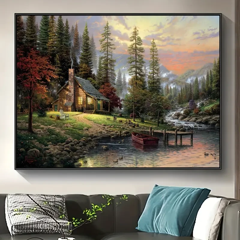 1pc Unframed Rustic Forest Lake Wooden House Scenery Canvas Poster