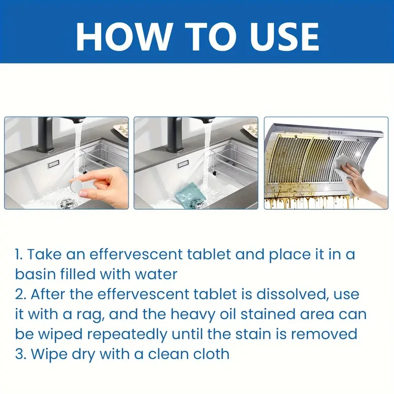 Powerful Kitchen Cleaning Tablets - Effective Heavy Oil Stain Remover for Range Hood, Stove, Oven - Effervescent Formula for Easy Grease Removal