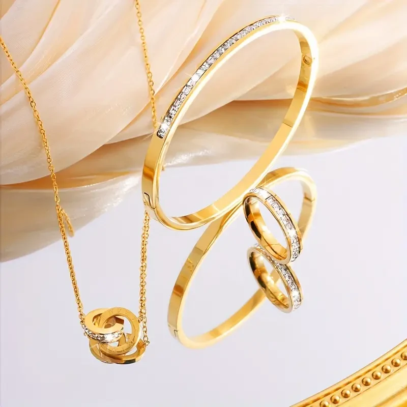Stainless Steel Single Row Rhinestone Necklace Bracelet Ring Set