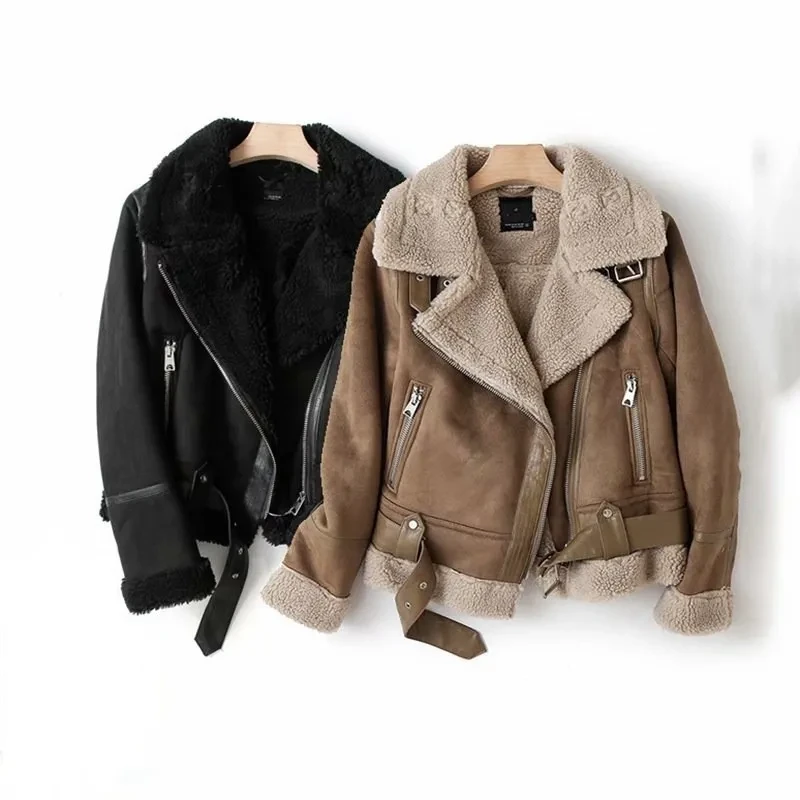 Lapel Jacket Suede Lamb Wool Warm Coat Motorcycle