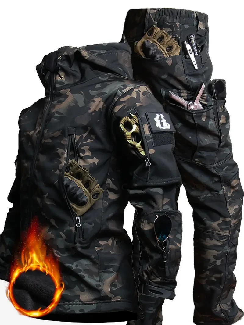 Mens Camo Outdoor Outfit Set  Water-Resistant Jacket & Pants