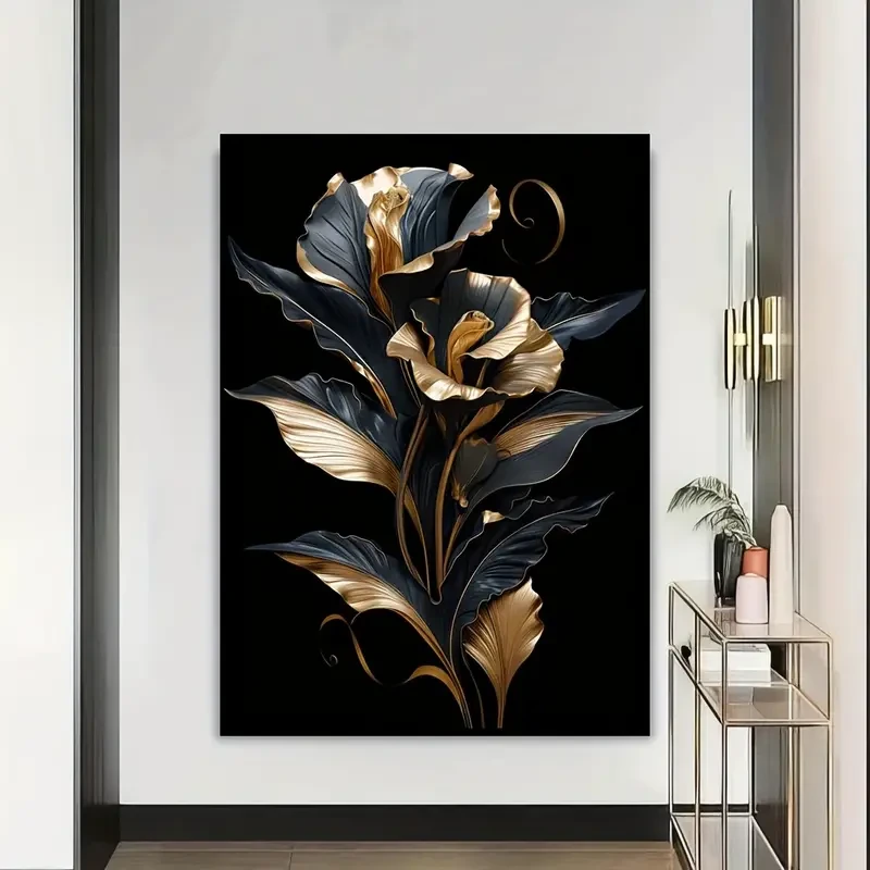 Black & Golden Floral Canvas Art  Frameless Wall Decor