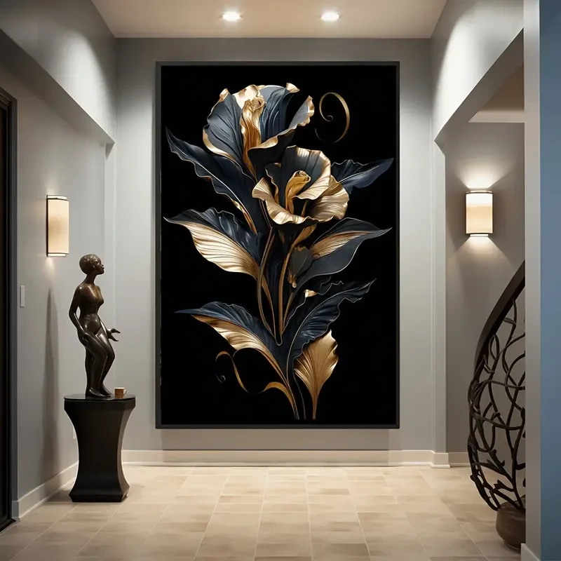 Black & Golden Floral Canvas Art  Frameless Wall Decor