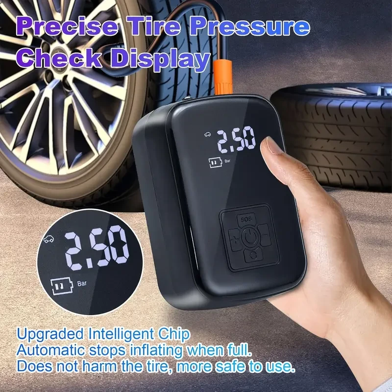 Ultra-Fast 150W Portable Car Tire Inflator with LED Light - USB Rechargeable, Safe & Efficient Air Compressor for Cars, Motorcycles & Balls