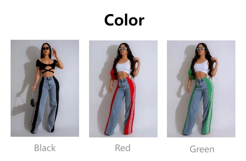 2024 Fashion Casual High Waist Elastic Straight Leg Trousers Three Stripe Patchwork Denim Wide Leg Pants Streetwear