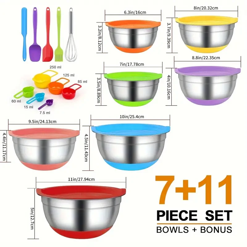 18pcs Stainless Steel Mixing Bowls Set with Airtight Lids - Non-slip Silicone Bottom