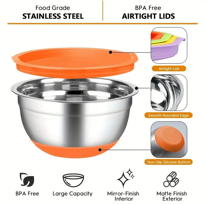 18pcs Stainless Steel Mixing Bowls Set with Airtight Lids - Non-slip Silicone Bottom