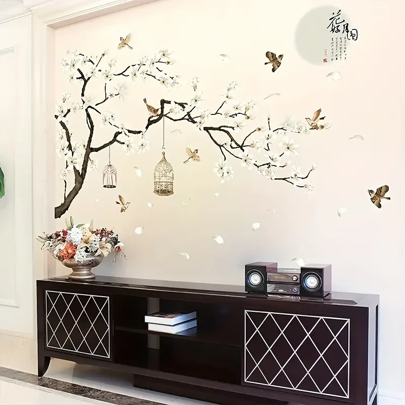 Chinese-Style Wall Stickers  Flying Birds & White Flowers