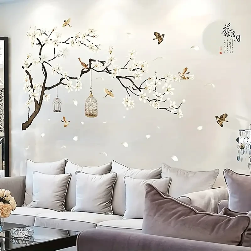 Chinese-Style Wall Stickers  Flying Birds & White Flowers