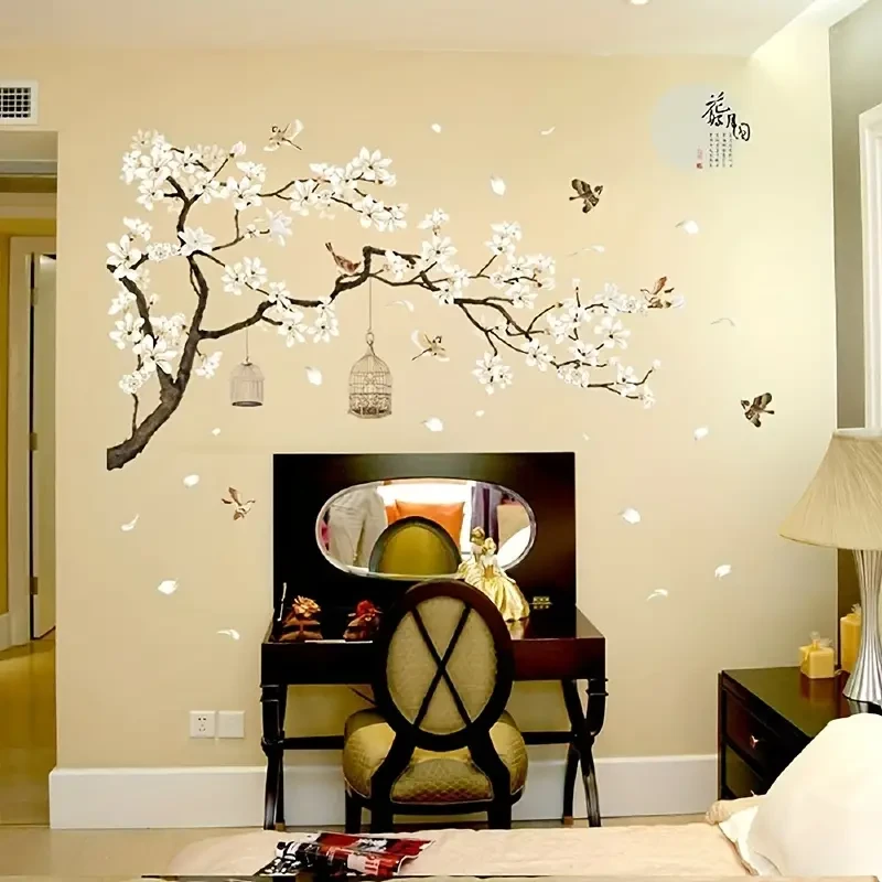 Chinese-Style Wall Stickers  Flying Birds & White Flowers
