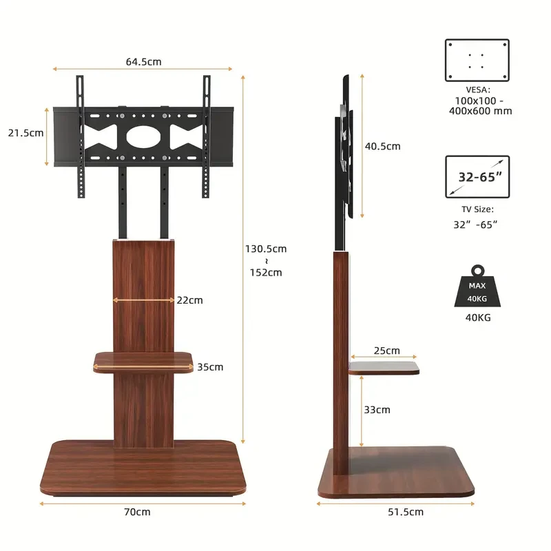 Industrial TV Floor Stand with Adjustable Mount & Wood Shelves