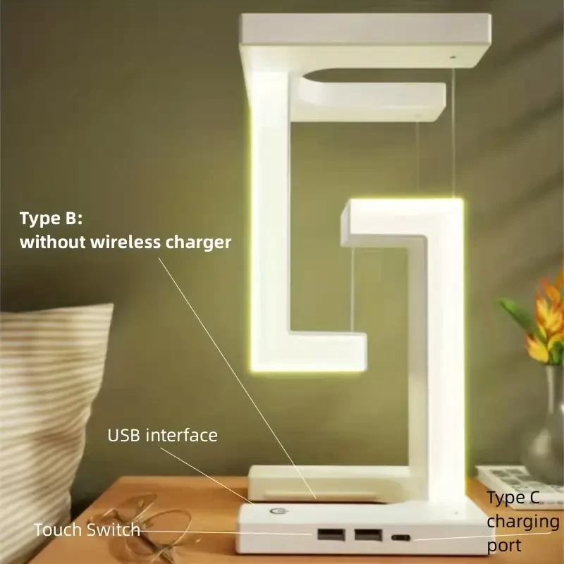 Foldable LED Table Lamp with Suspended Anti-Gravity Wireless Charging, Adjustable Arm and Modern Bedroom/Livingroom Lighting Decoration