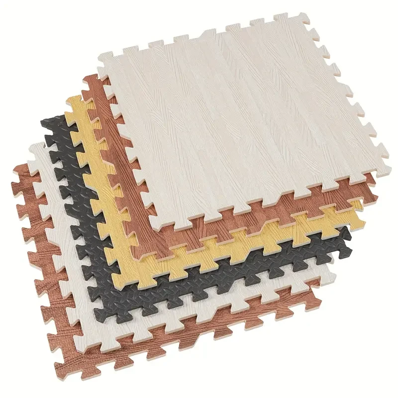 12PCS Printed Wood Grain Floor Tiles Gym Yoga Mats EVA Foam Interlocking Mat With Border Edge For Home Decoration