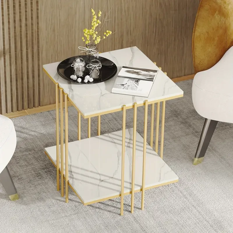 2-tier Modern Square Side Table White Gold Metal Frame Sintered Stone Table Top Living Room Accent Offices Coffee Table For Display