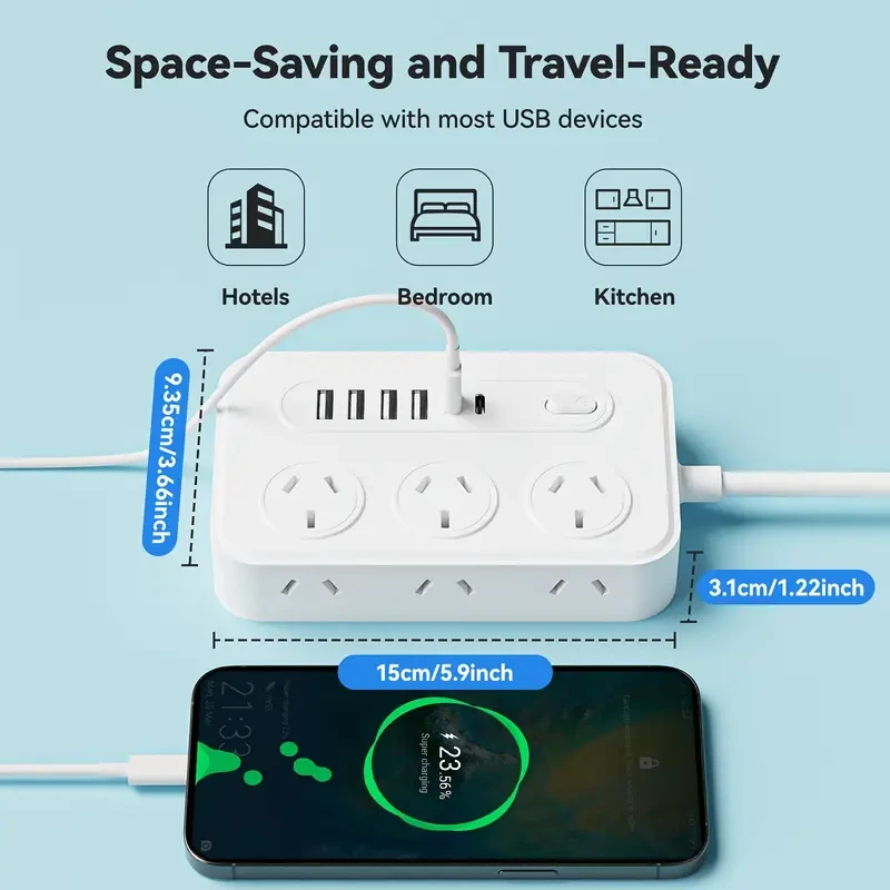 1pc 12-in-1 Australian Plug Power Strip with 6 AC Outlets