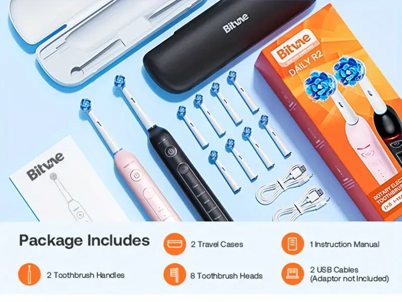 2-Pack Bitvae R2 Rotating Electric Toothbrush for Adults with Pressure Sensor, 5 Modes, Rechargeable, 8 Brush Heads, Black & Pink