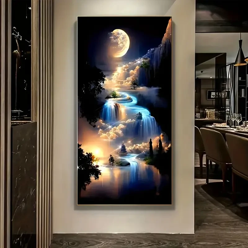 Artistic Painting Of 5D Synthetic Diamond Mountain And Stream, Moon, Night,