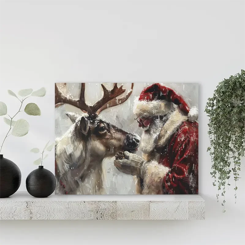 Charming Santa Claus & Reindeer Canvas Wall Art
