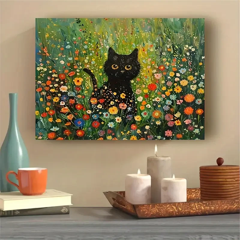 Charming Black Cat & Floral Canvas Art, 30.48x40.64cm - Whimsical Wall Decor for Home, Office, Cafe