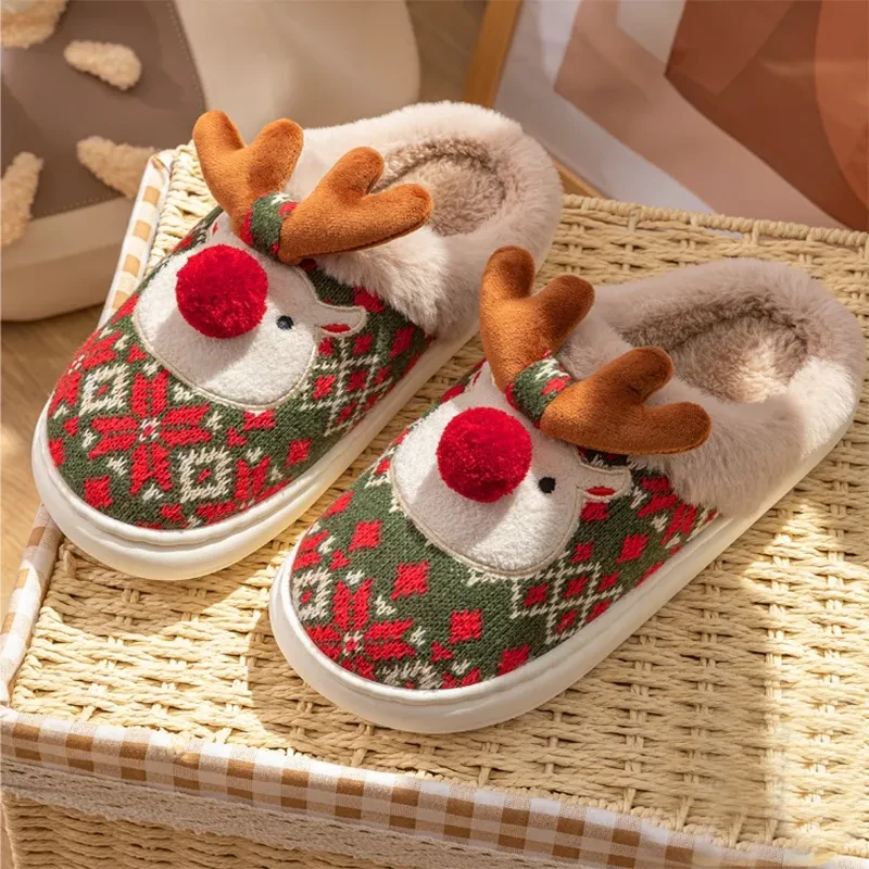 Cute Christmas Elk Plush Slippers Cozy Non-slip Fuzzy House Shoes for Women