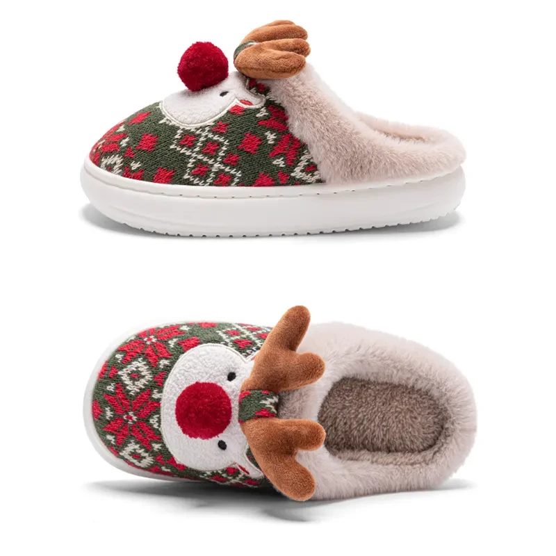 Cute Christmas Elk Plush Slippers Cozy Non-slip Fuzzy House Shoes for Women