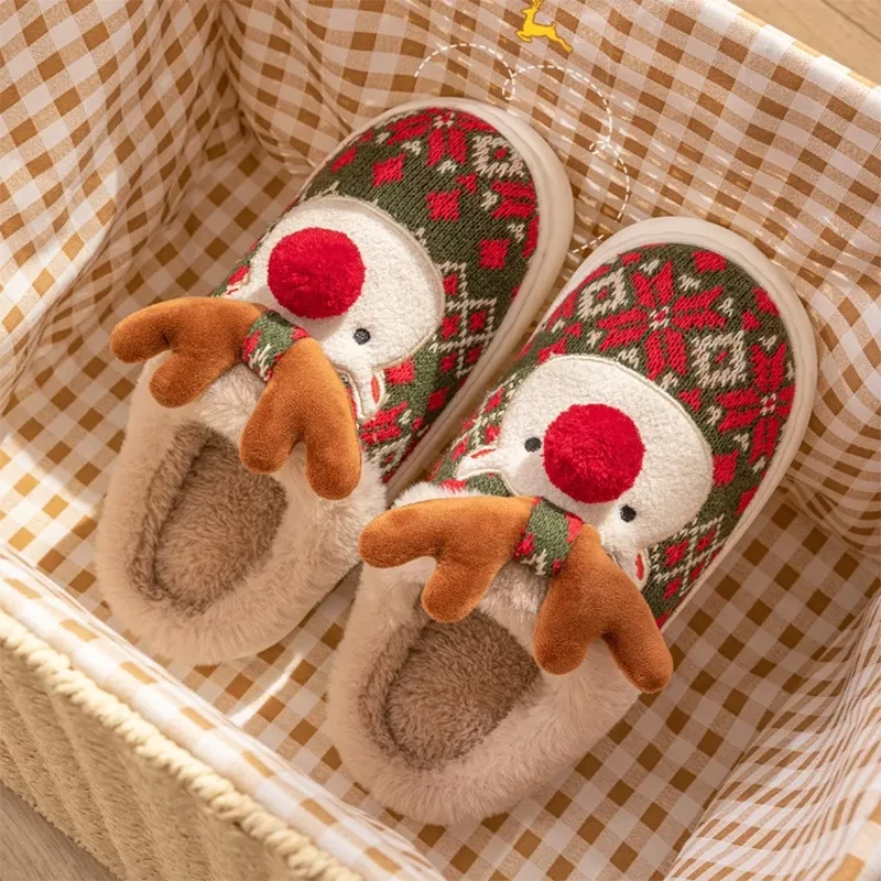 Cute Christmas Elk Plush Slippers Cozy Non-slip Fuzzy House Shoes for Women