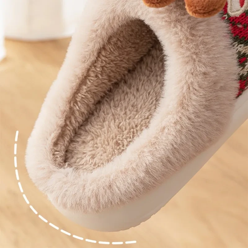 Cute Christmas Elk Plush Slippers Cozy Non-slip Fuzzy House Shoes for Women