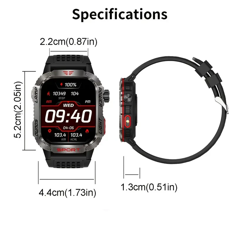 Rugged Outdoor Smartwatch (Receive/Make Call), For iPhone & Android Wireless Call Smartwatch, With LED Flashlight, Fitness, IP68 Waterproof/sleep 600 Battery