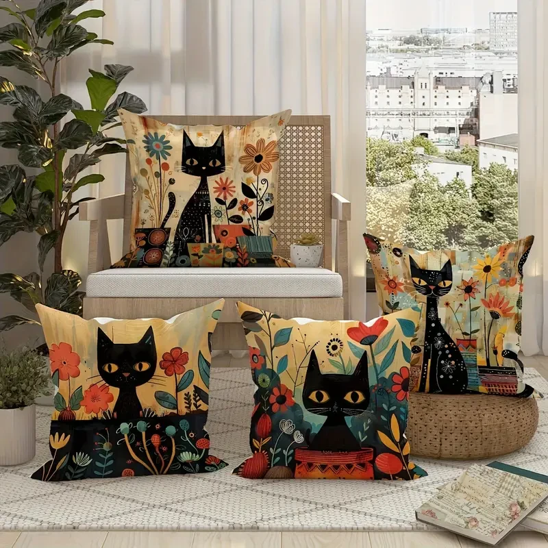 Set of 4 Vintage Black Cat & Floral Velvet Throw Pillow Covers