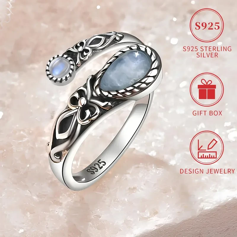 Vintage Boho Sterling Silver Moonstone Ring - Adjustable Spoon Band with Synthetic Stone,