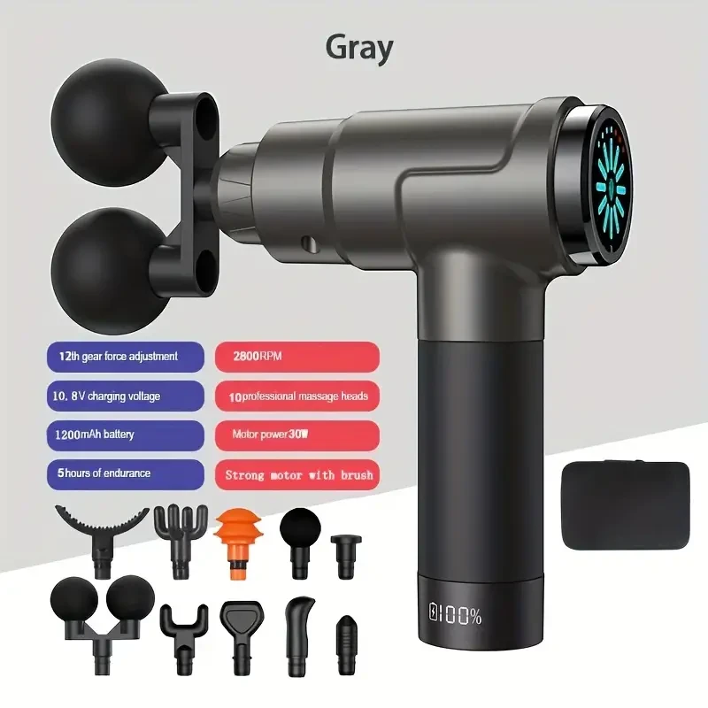 Professional Handheld Deep Tissue Massage Gun - 10 Heads, 12 Intensity Levels