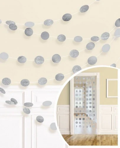 String Decorations - Glitter Round Silver - Pack of 6