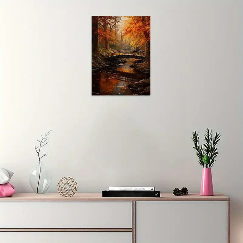 1pc Unframed Canvas Poster, Modern Art, Autumn Forest Stream Bridge