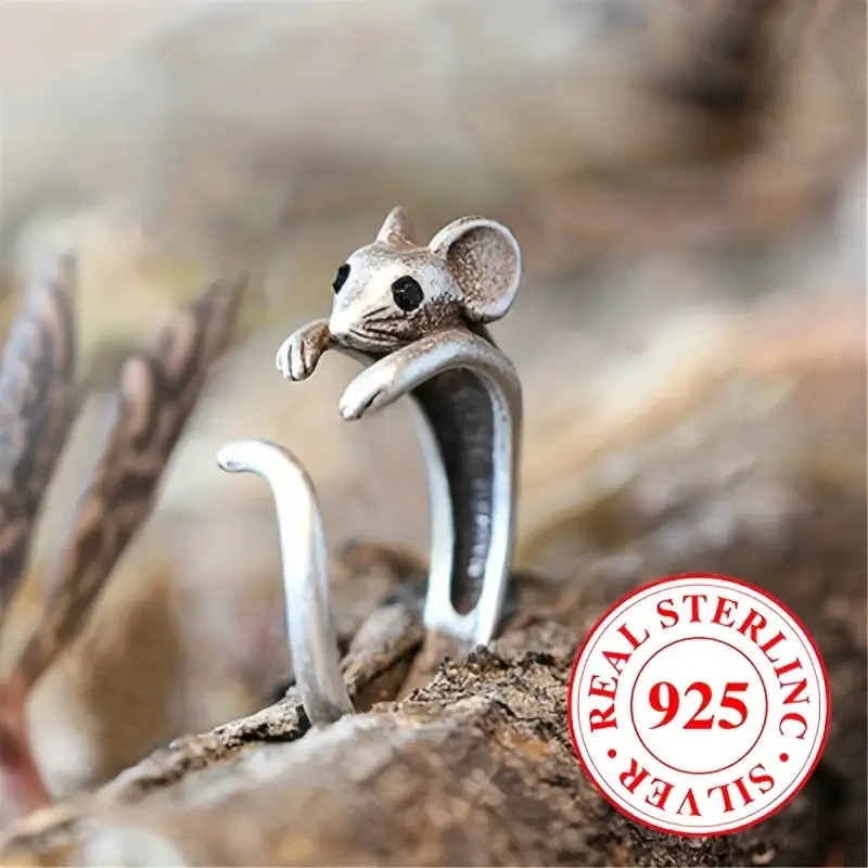 Sterling Silvery Vintage Bohemian Mouse Design Adjustable Ring for Men and Women