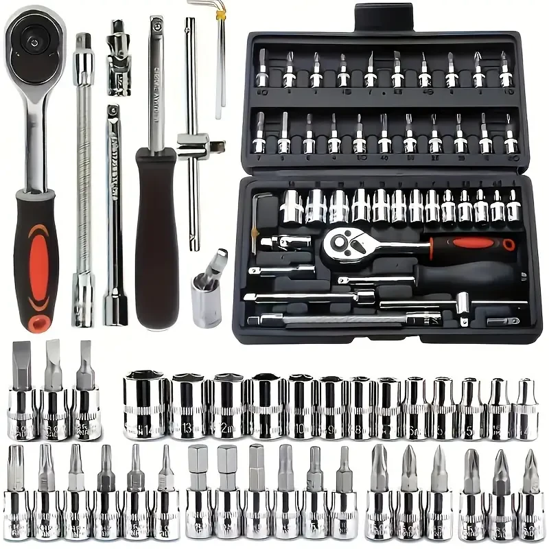Ultimate 46pcs Socket & Ratchet Wrench Set - Includes Drill Sockets, Extension Bars & Storage Case For Home And Auto Repairs