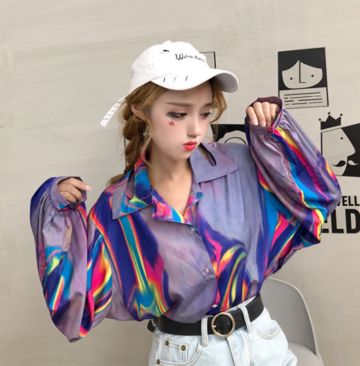 Lychee Harajuku Laser Women Blouse Rainbow Turn Down Collar Long Sleeve Casual Loose Holographic Hologram Shirt Tops Female