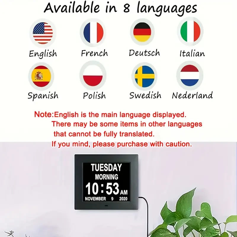 Digital Calendar Day Alarm Clock, Photo Frame Media Player, Auto Dimmable And Sun Moon Icons, 4 Alarm Options & 10 Languages