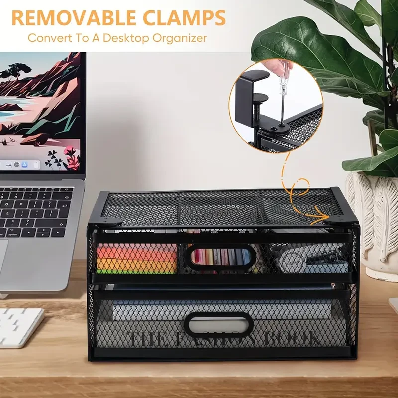 Metal Under Desk Drawer Organizer, 26x13.5x21cm, Dual Sliding Drawers, Drill-Free Secure Clamps