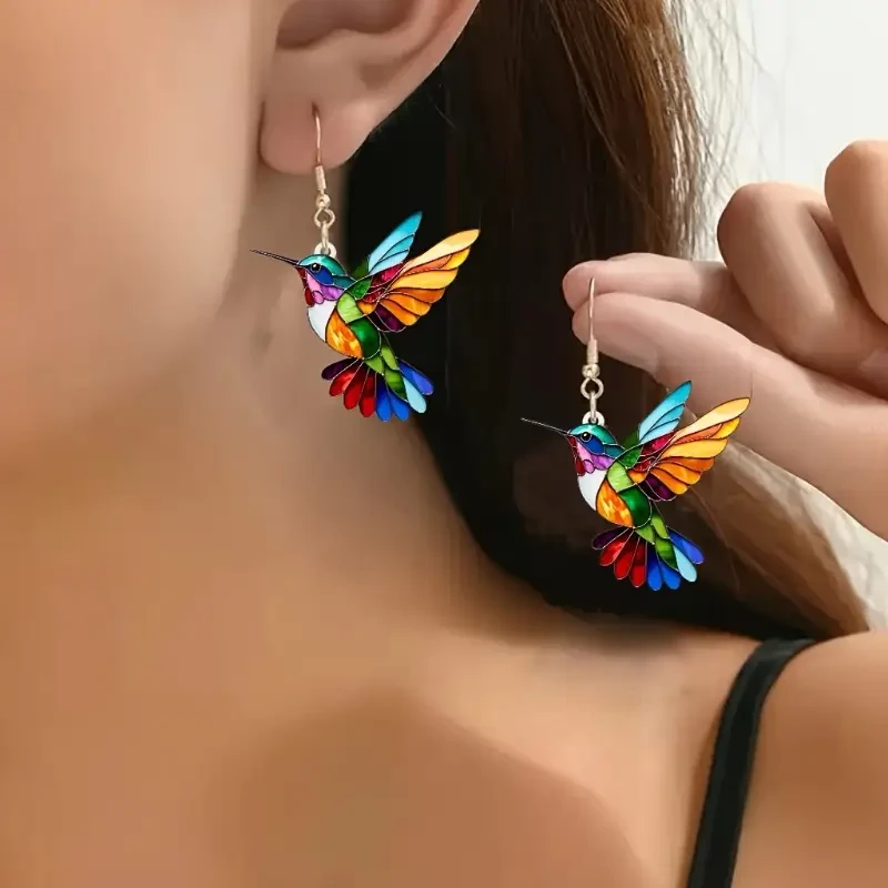 1 Pair Acrylic Hummingbird Earrings, Colorful 2D Design, Featherless, Stainless Steel Hooks24