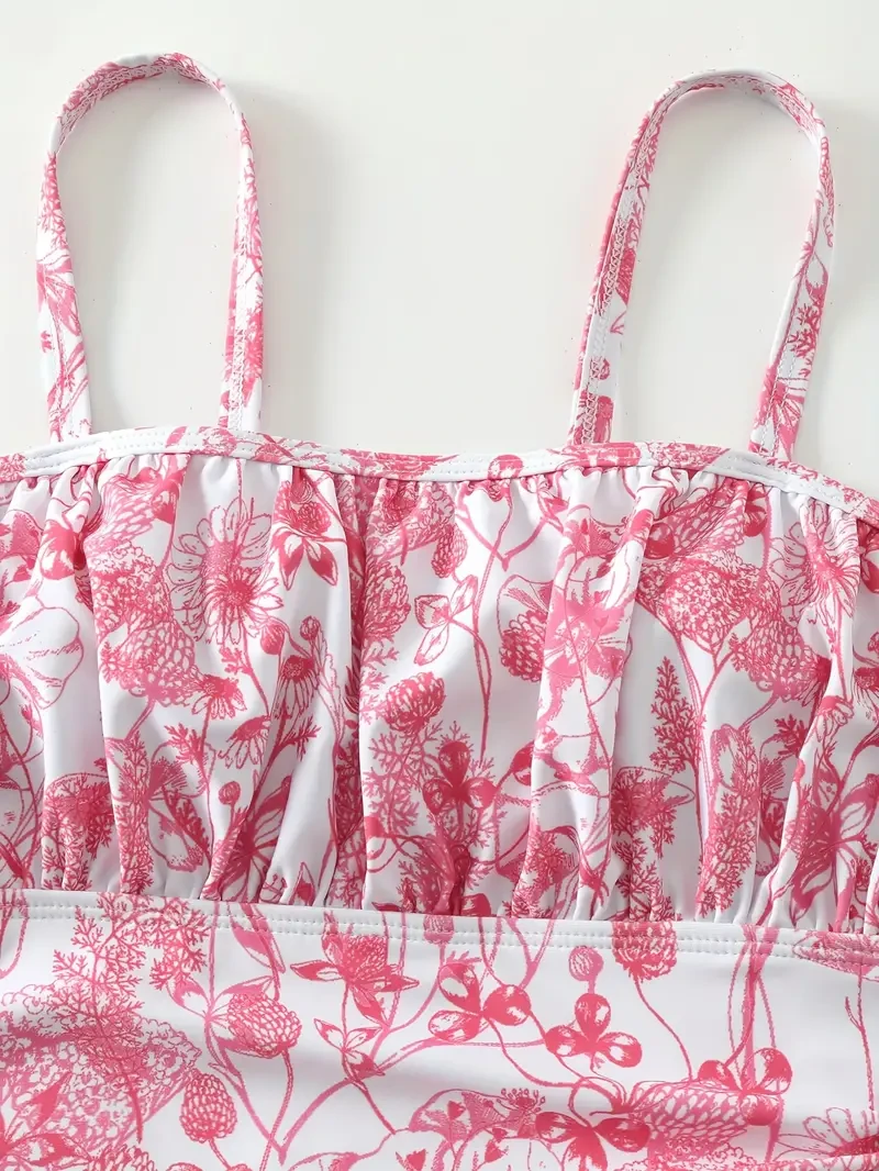 Plant Graphic One-piece Swimsuit, Ruffle Hem Ruched Back Buckle Backless Skirted Bathing Suits, Women's Swimwear & Clothing