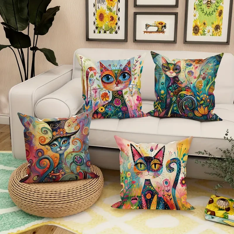 JIT 4-Pack Contemporary Throw Cushion Covers Velvet Cat Floral Abstract Art