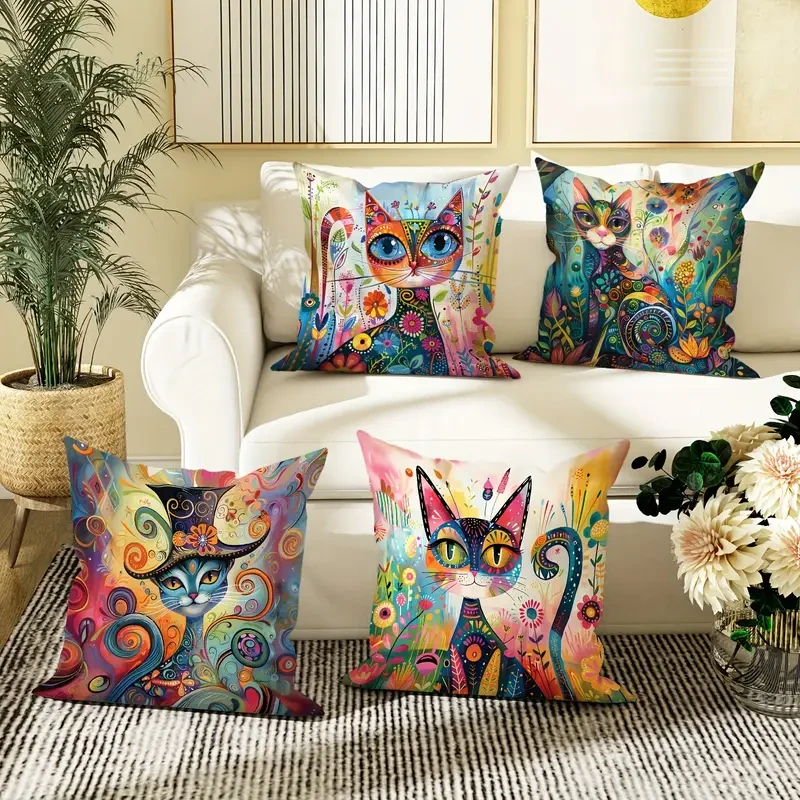 JIT 4-Pack Contemporary Throw Cushion Covers Velvet Cat Floral Abstract Art