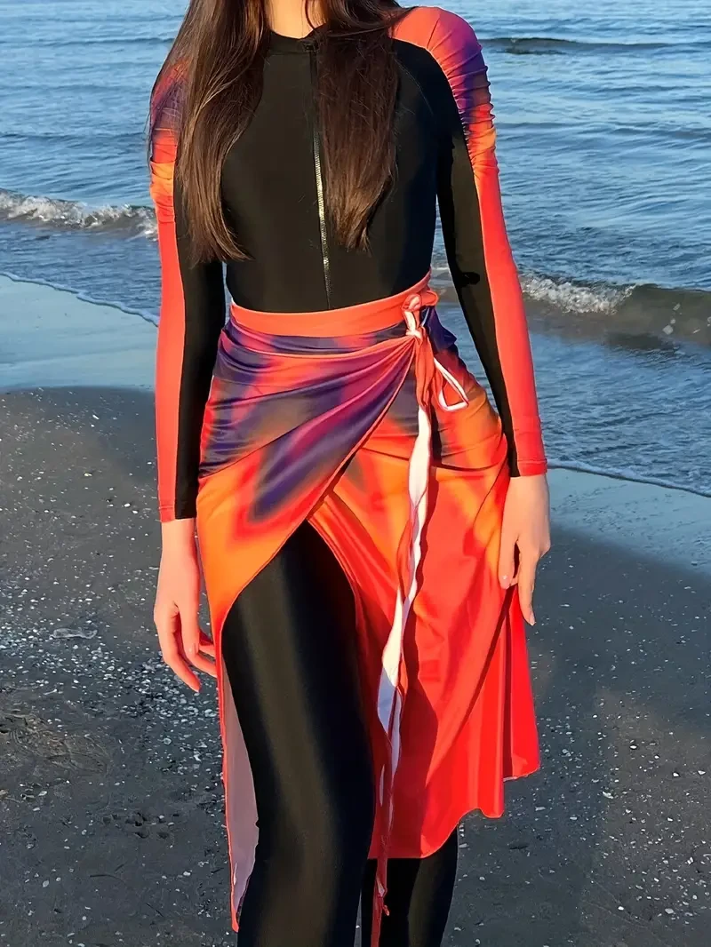 Women's 3-Piece Swimwear Set with Long Sleeve Flame-Print One-Piece, Side-Tie Cover-Up & Zippered Neckline  Chic Beach Ensemble