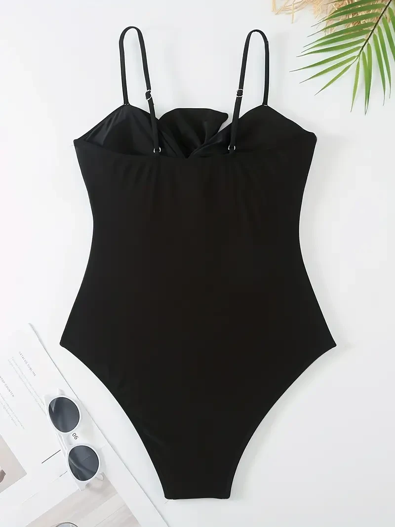 Two-piece Fashionable Bow One-piece Swimsuit, Solid Color Retro Slimming Swimsuit Set, Women's Sun Protection Suit