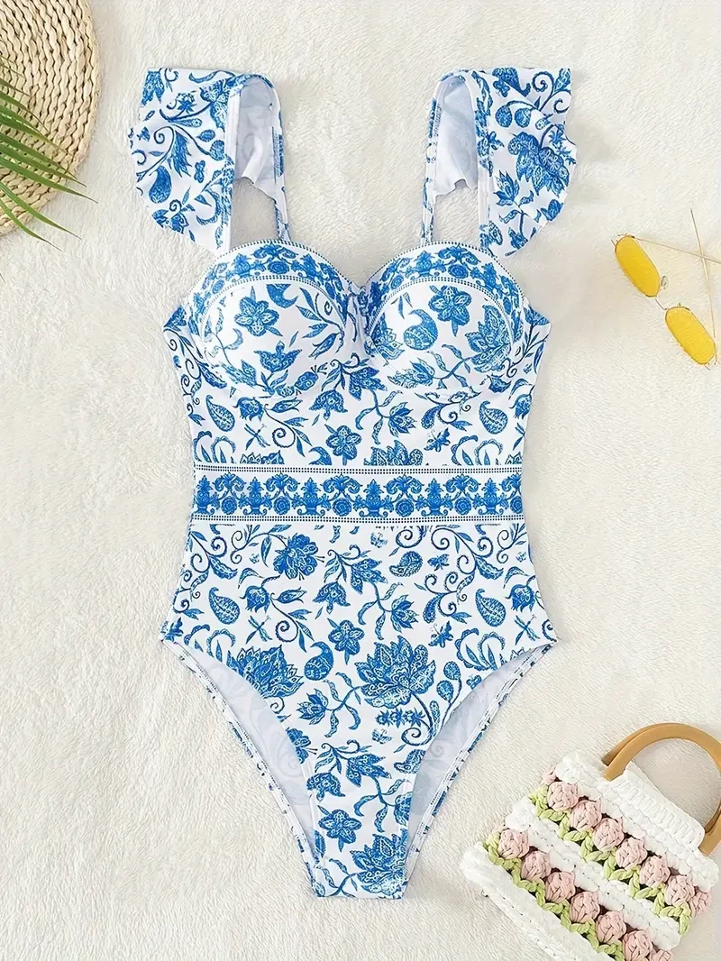 Blue And White Porcelain Print Stylish Comfy Fashion Design One-piece Swimsuit, Classic & Elegant Bathing Suit, Women's Swimwear & Clothing