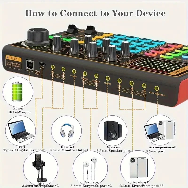 K300 Sound Mixer Board - LED Light Voice Changer with Multiple Sound Effects
